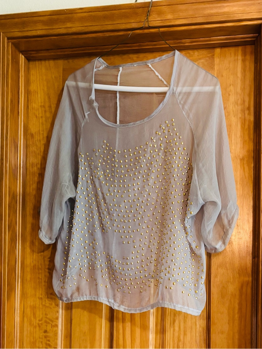 Sheer Gray Studded Women's Blouse - Lightweight Layering Top - Picture 2 of 11